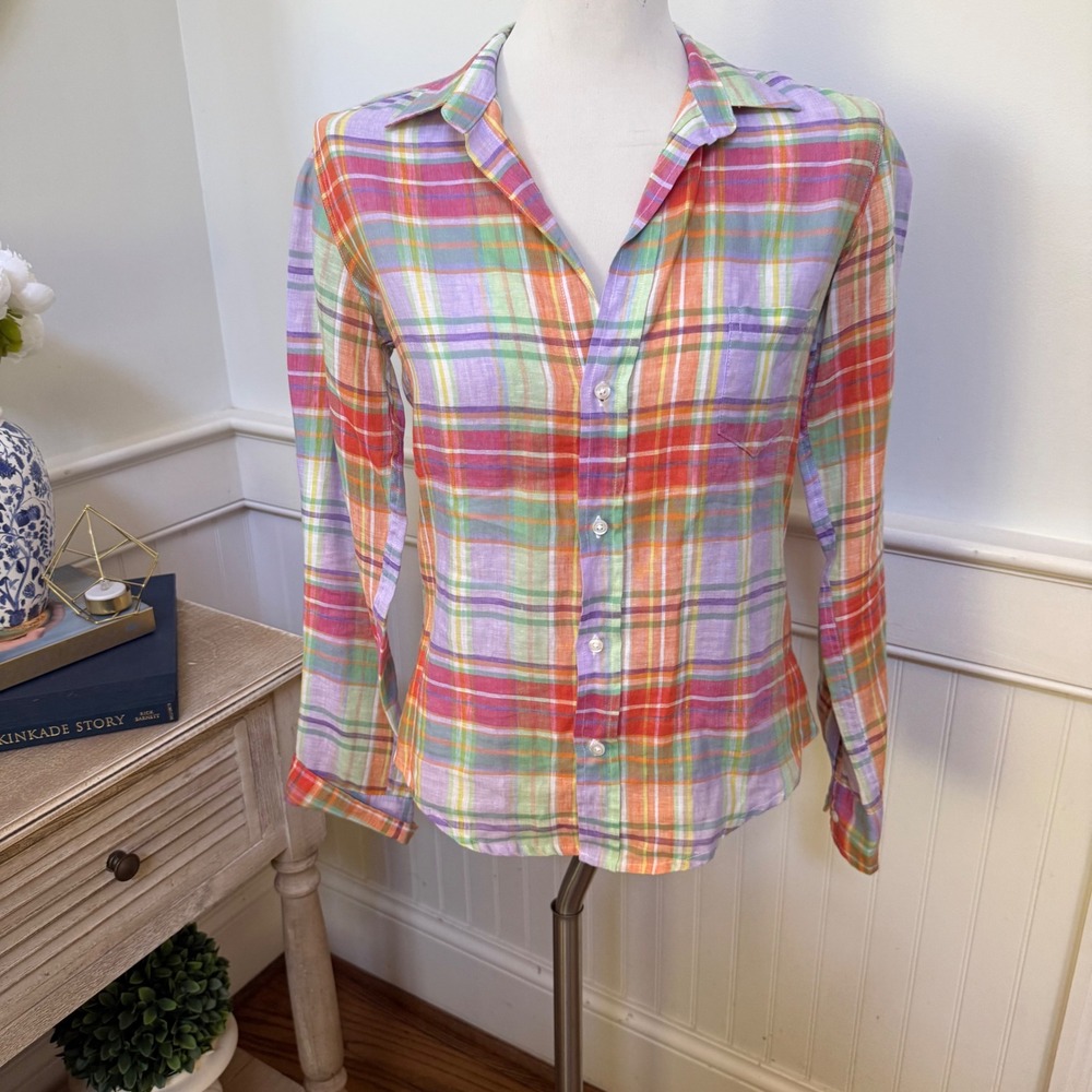 Frank & Eileen Mary Linen Plaid Button Up Shirt Womens Small Multicolor Italy